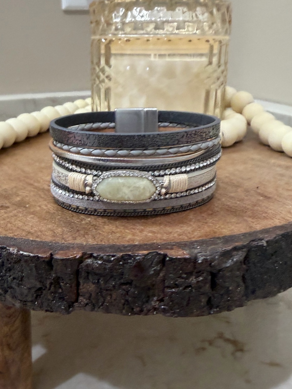Multi-Row Beige and Gray Stone Wrap Bracelet